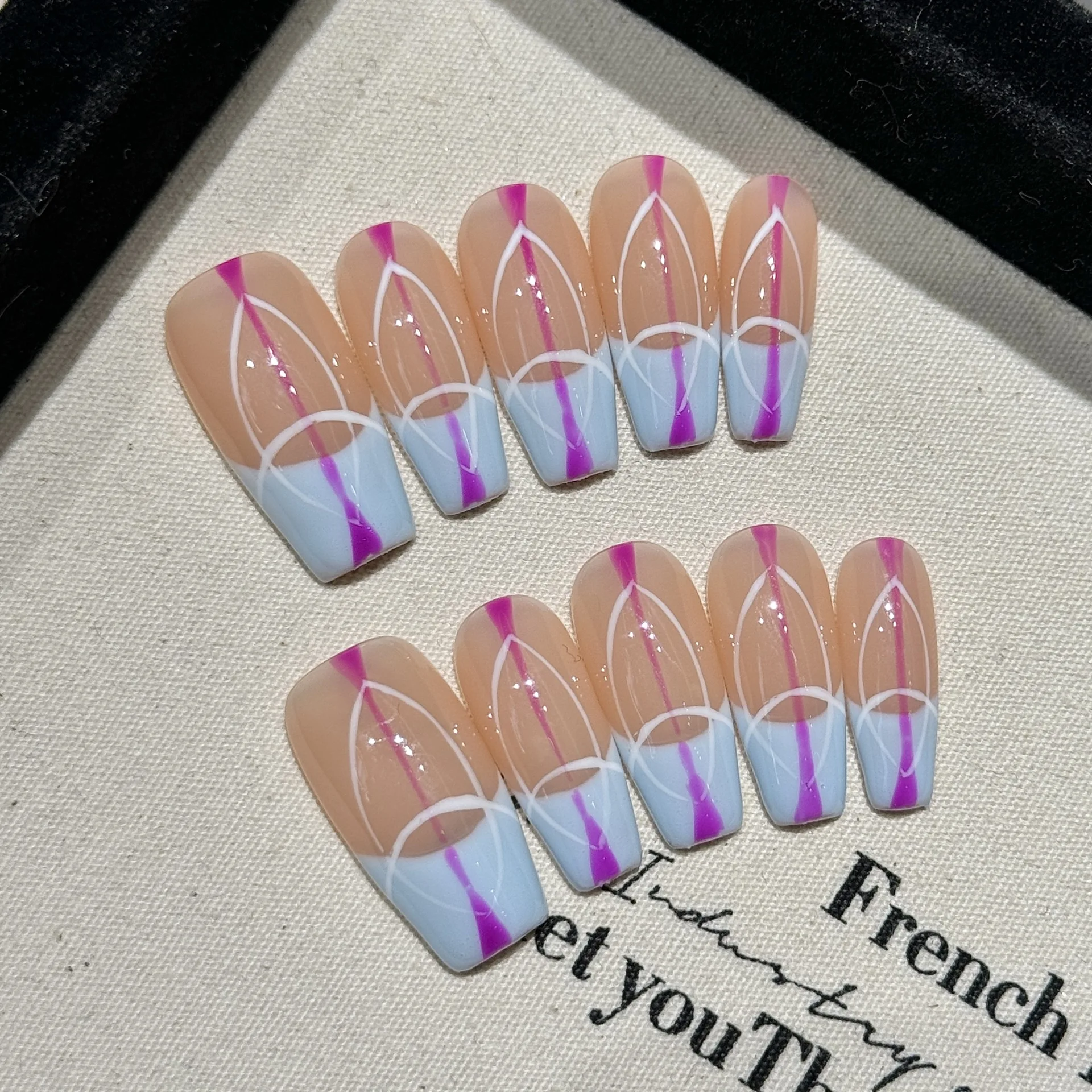 Handmade Press on Nails Geometric Lines Printed Fake Nails for Women Girl Wearable French Long Ballet Coffin False Nail Patches