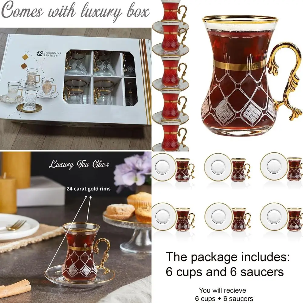 

Винтажный золотой турецкий чайный набор, 6 чашек и блюдец, элегантная посуда для напитков для вечеринок и подарков