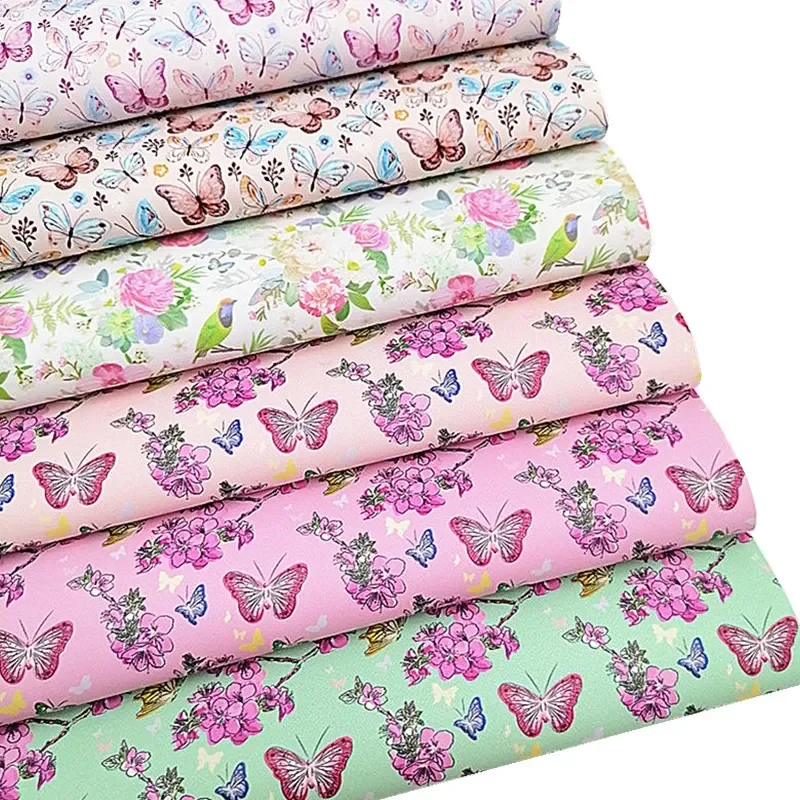 Butterflies Flowers Printed Synthetic Leather Fabric Sheets Faux Leather For Bags Shoes Bows DIY Craft Sheets Mini Rolls W061