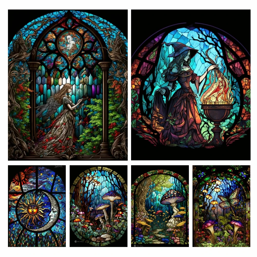 

Fantasy Mushroom Stained Glass Cross Stitch Kits AB Diamond Painting Fairy Butterfly Embroidery Art Witcher Home Wall Decor Gift