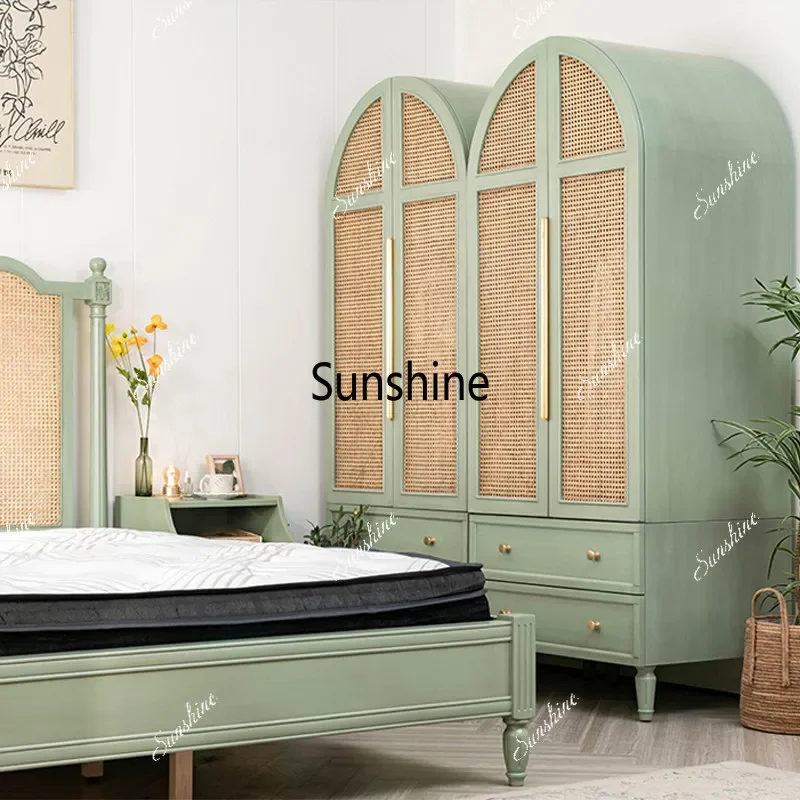 American light luxury woven rattan double door wardrobe small apartment locker