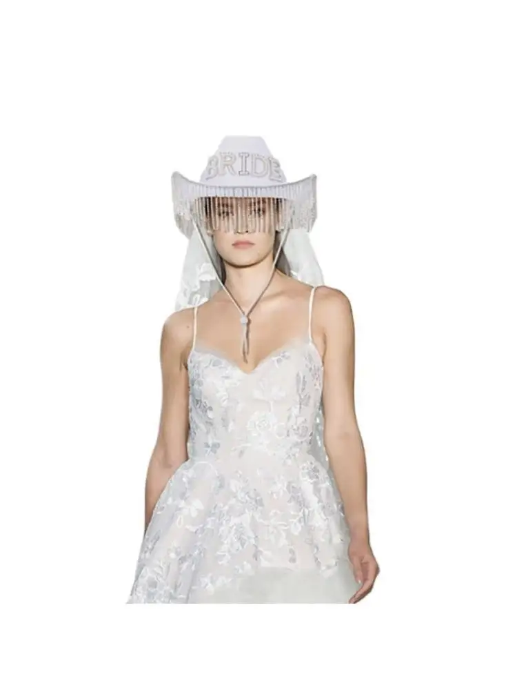 652F Western Cowgirl Hat White Large Brim Hat for Bride Bachelorette Party Supplies