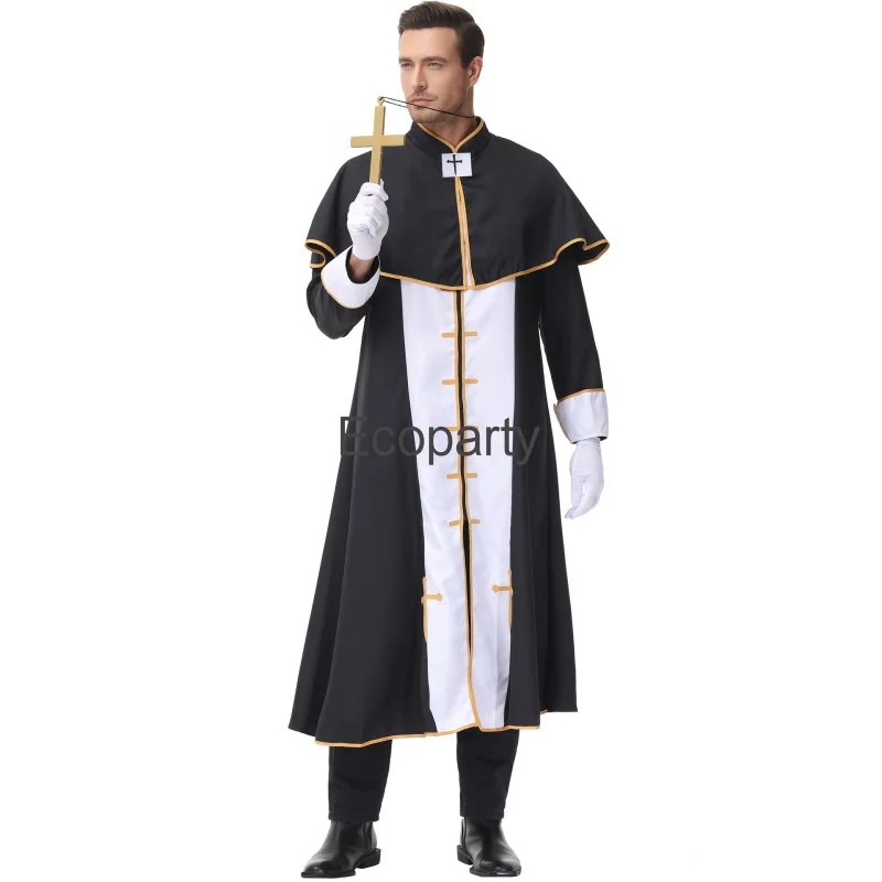 Novo traje de pastor religioso de Halloween para homens e mulheres, freira medieval, padre, fantasias de bispo, festa adulta de Purim, fantasia