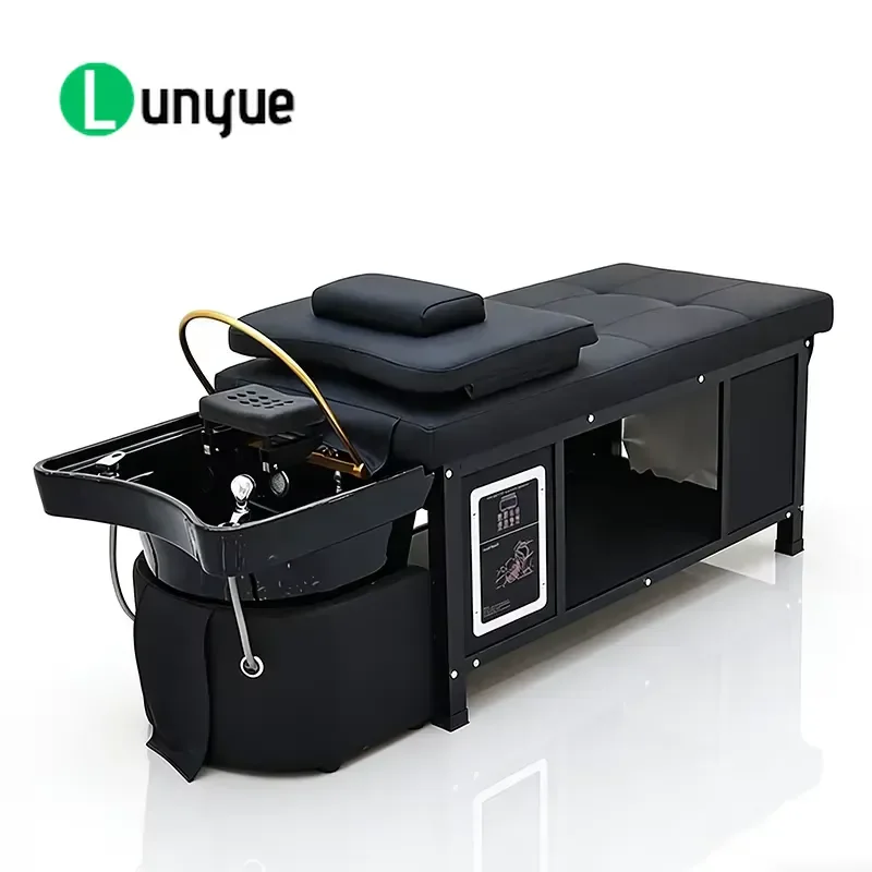 Modern All Black Horizontal Hair Treatment Shampoo Bed with Ceramic Basin and Steamer for Beauty Thai Spa Furniture