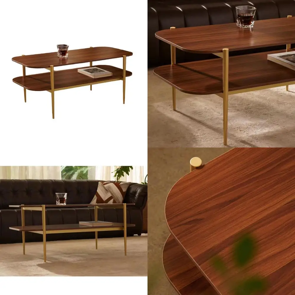 

Mid-Century Walnut Two-Tier Coffee Table, 41 Diameter x 21 Wide x 17 High, Gold Metal Legs