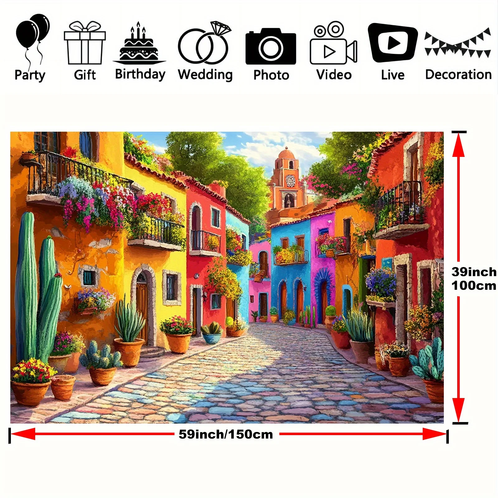 Colorful Mexican Street Scene Tapestry Vibrant Cobblestone Alley Flowers Cactus Latin America Culture Wall Hanging for CafeDecor