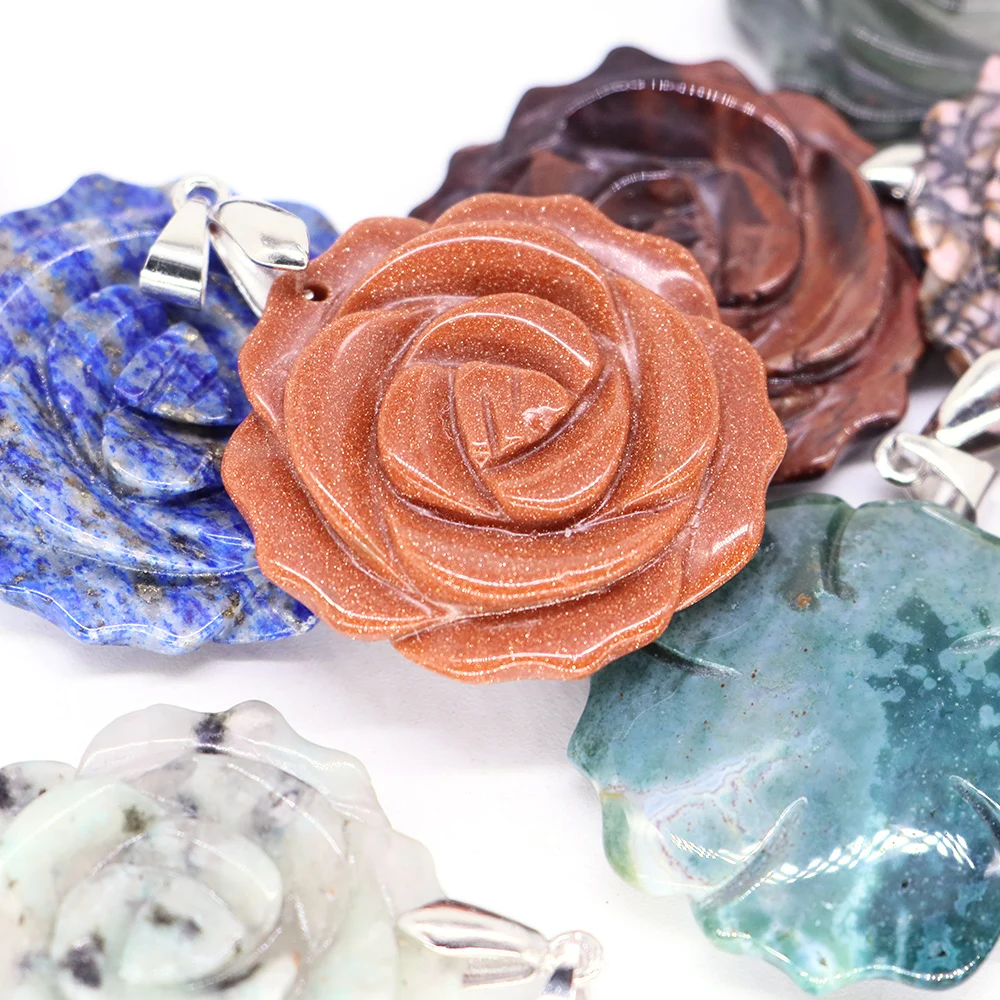 33mm Natural Crystal Stones Hand Carved Rose Flower Shape Charms Gemstone Crafts  Making DIY Healing Crystal Accessories Jewelry