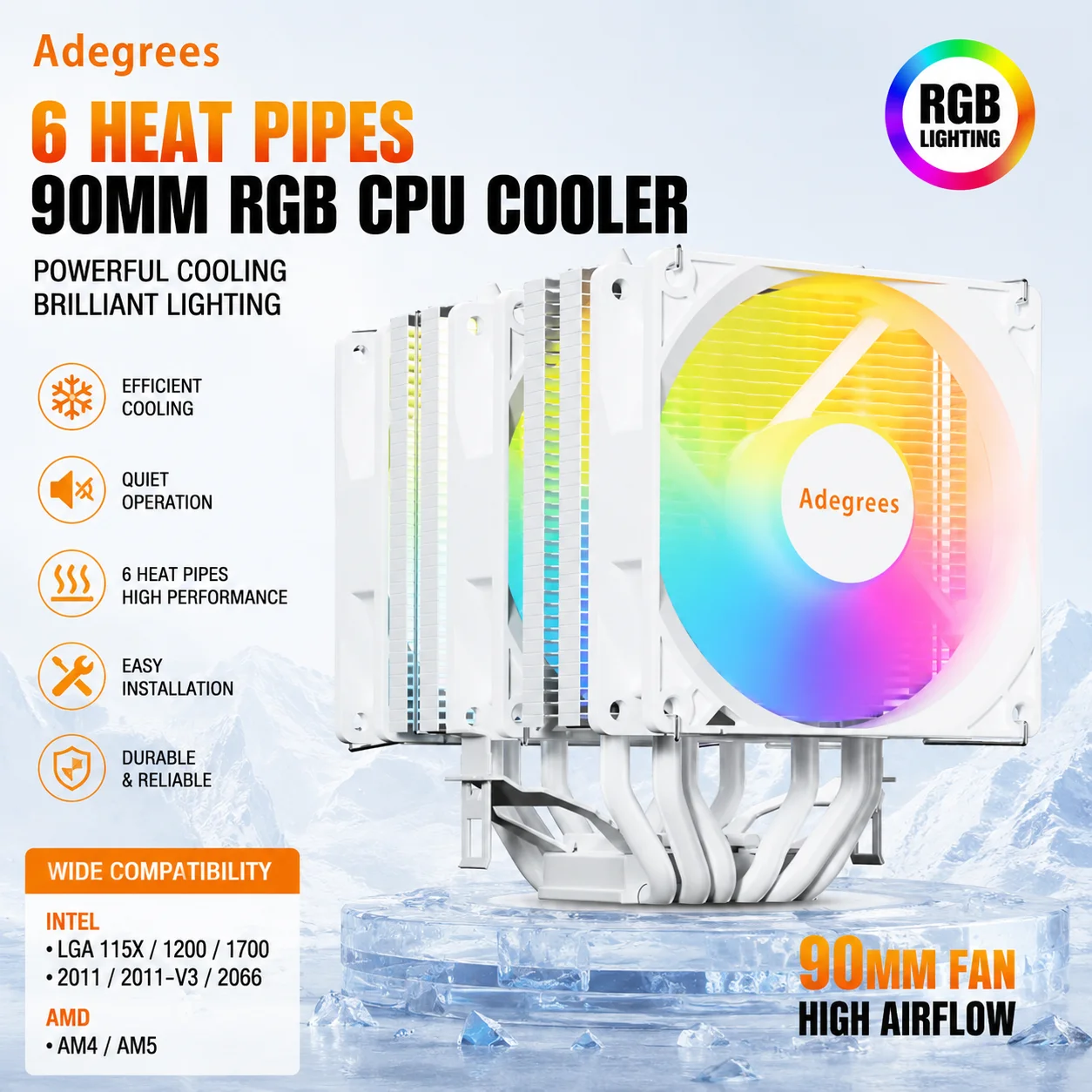 6 Heat Pipes 90MM RGB CPU Cooler Heatsink Silent Computer Processor Cooler for Intel LGA115X 1200 1700 2011 X99 X79 AMD AM4 AM5