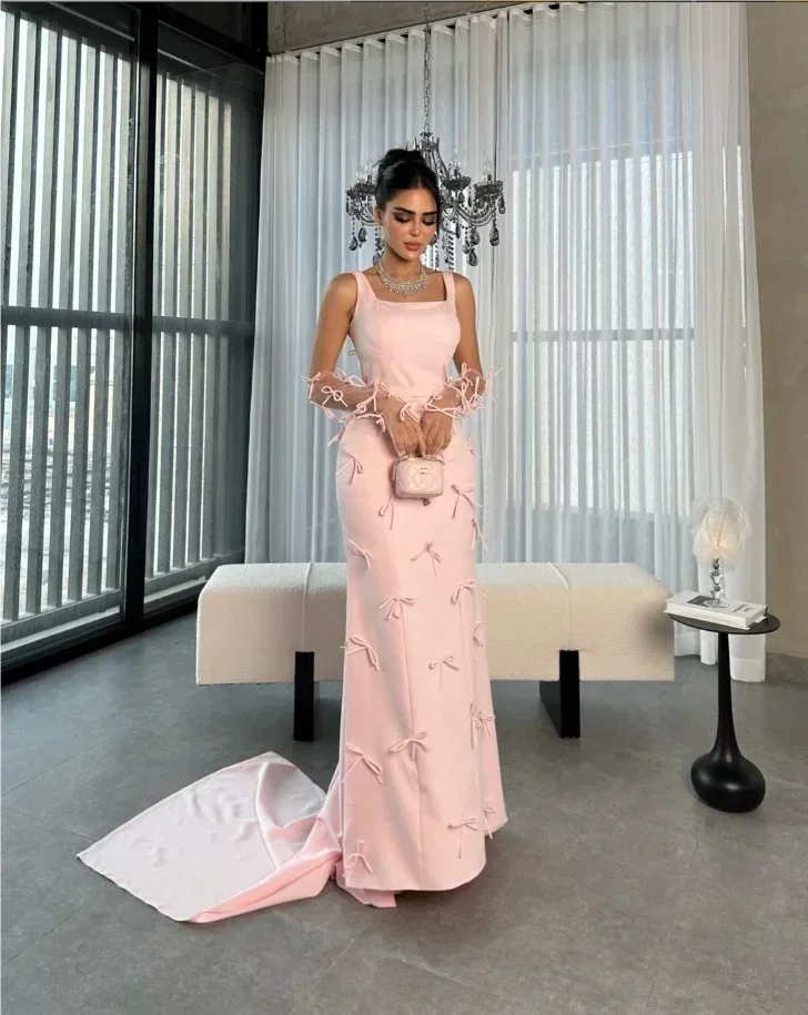 Customized Square Collar Pink Train Evening Dresses Gown Dresses Vestidos De Mujer Elegantes Para Fiesta 2024