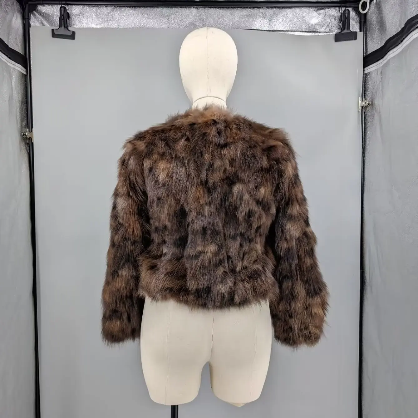 Women Brown Animal Print Real  Fox Fur Short Coat Round Collar Horn Toggle Buttons Wild Style Fluffy Winter Fur Outerwear24A1165