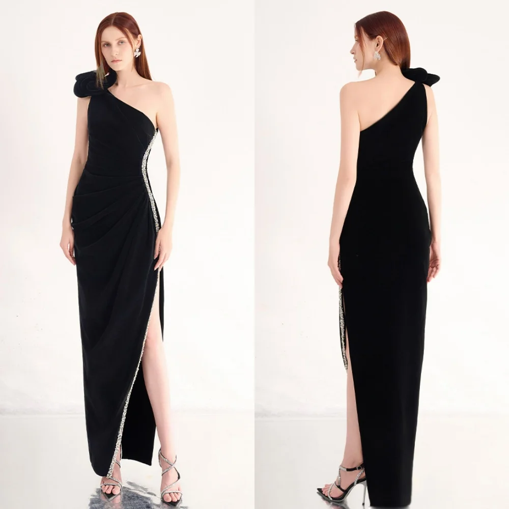 

Customized Elegant Classic Jersey Handmade Flower Sequined Straight One-shoulder Ankle Length Dresses Bespoke Occasion Dresses