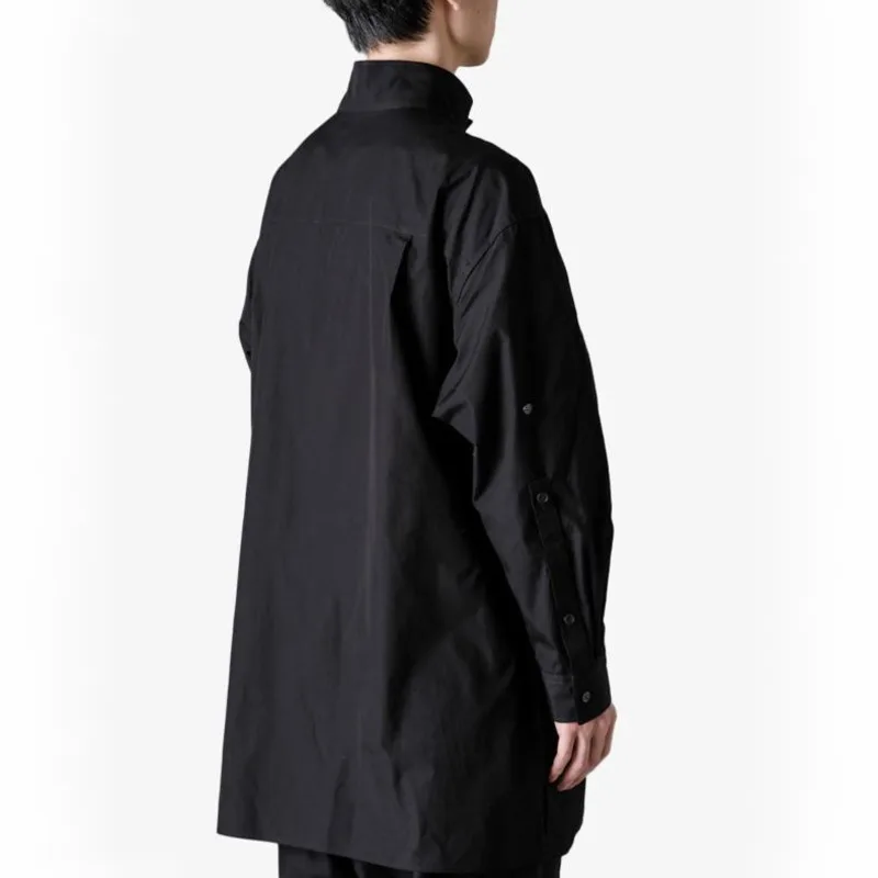 WVGA printemps automne nouveau homme marée col montant plissé à la mode longue chemise en coton Niche Chic décontracté réglable haut Ins W12988