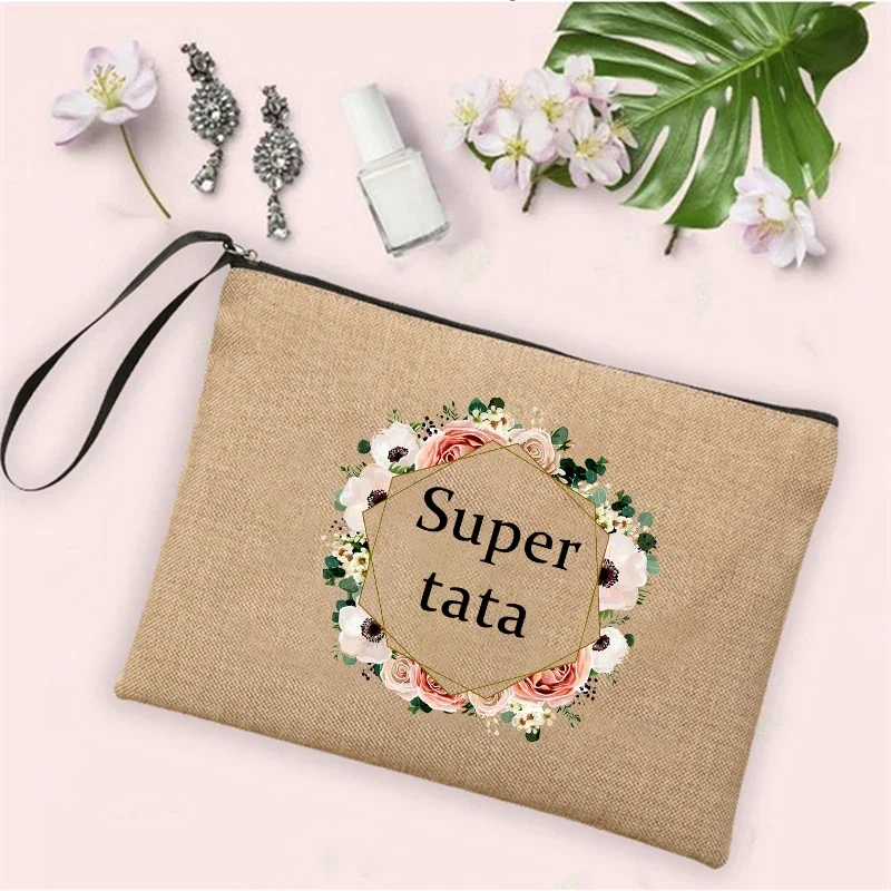 Super Tata พวงหรีดพิมพ์ผ้าลินิน Zipper Pouch Travel ตัวจัดระเบียบกระเป๋าเครื่องแป้ง Tas Kosmetik ผู้หญิง Neceser แต่งหน้ากระเป๋าของขวัญ Tata