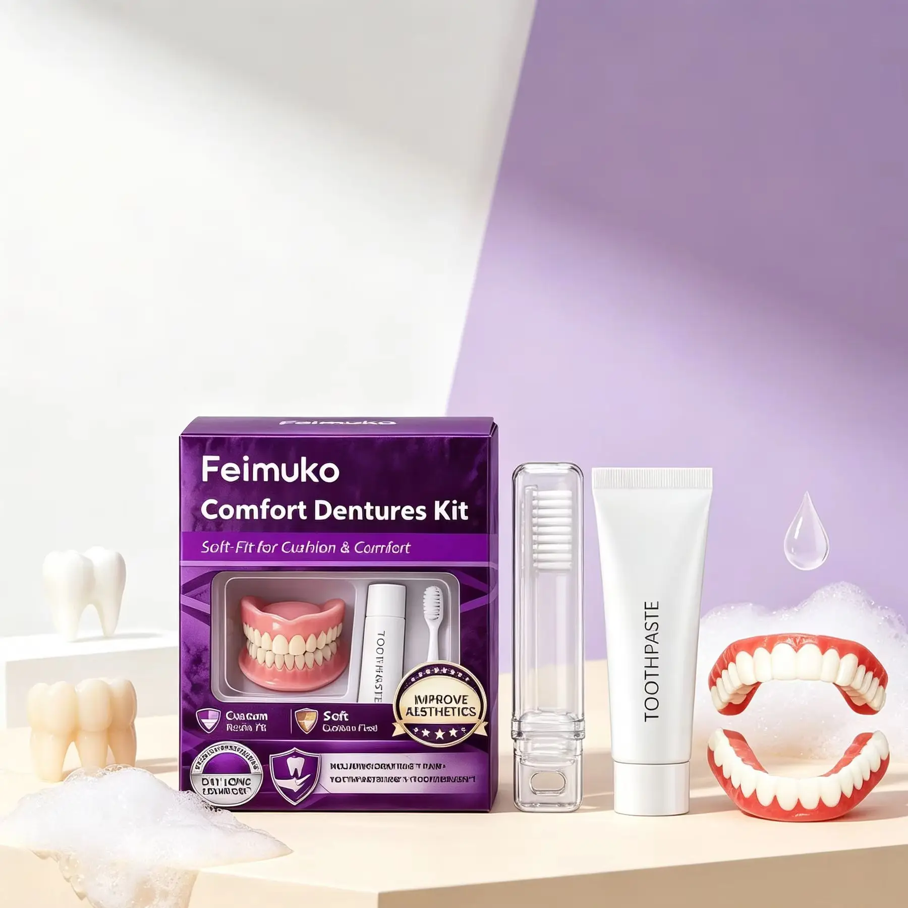 Feimuko Adjustable Denture Kit Comfortable Perfect Smile Upper and Lower Dentures for Eating Adaptable Fit Functional Dentures