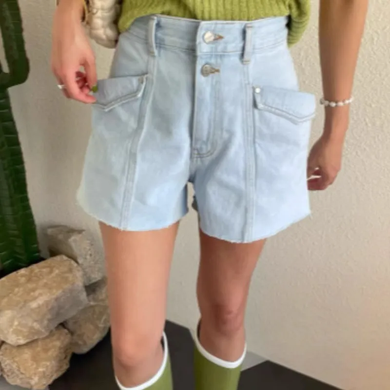 

GUUZYUVIZ Chic Loose Summer High Waist Female Wide Leg Jeans Shorts Ligh blue Big Pockrt Casual Denim Short Pants Mujer