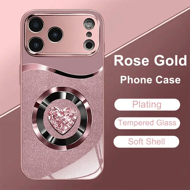 Pink Love Heart Pattern Pink Metallic Tempered Glass Phone Case For iPhone 17 16 15 14 13 12 11 Pro Max 15 Plus 17 Air 17E Cover