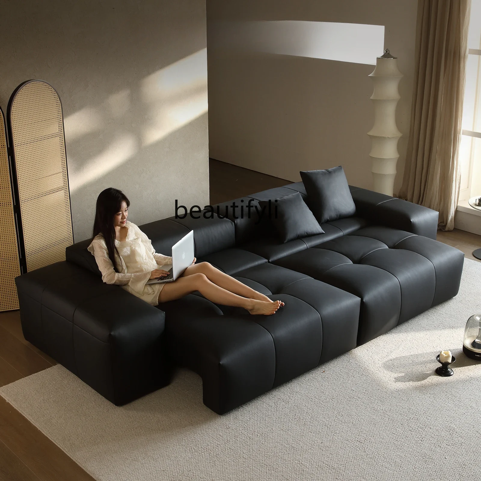 Italian minimalist sofa functional tofu block full leather sofa living room large flat layer straight row