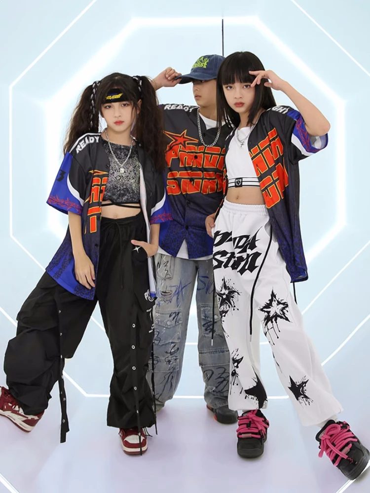Neue Jazz Tanzen Outfits für Jungen Baseball Hemd Lose Hosen Anzüge Mädchen Ballsaal Hip Hop Dance Kostüme Bühne Leistung Tragen