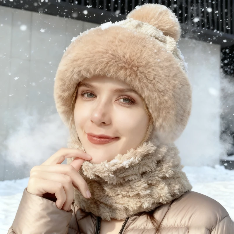 Winter-Beanie-Mütze, Schal, Maske, einteilig, Fleece-Pom-Pom-Mützen für Damen, warme Motorhaube, Ohrenschutz, multifunktionale Skimützen