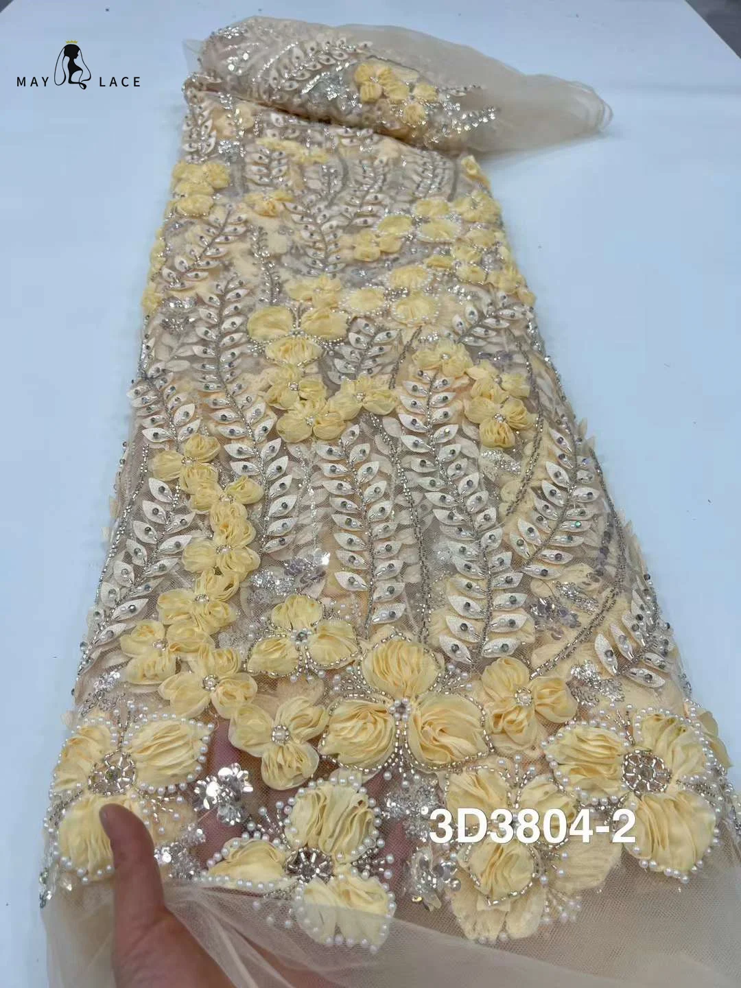 

African 3D Beads Lace Fabric, Embroidery Applique, 3D Flower Tulle, Nigerian Lace Fabrics for Bridal, High Quality Mesh, 2024