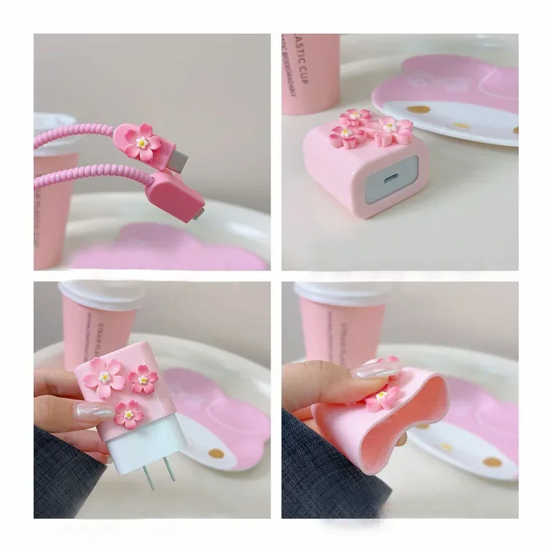 3D Pink Flower Case for Apple 18w/20w Charger Protective Case Applicable for IPhone 15 14 13 Data Cable Protector Shell Sleeve