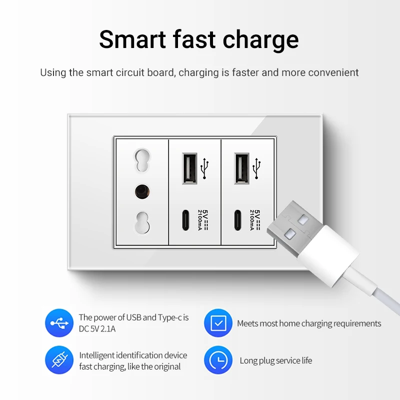 Italian Switch Socket with 5V 2.1A USB Type-c Charger Tempered Glass Panel Wall Light Switch TV Computer Power Outlet 118*74mm