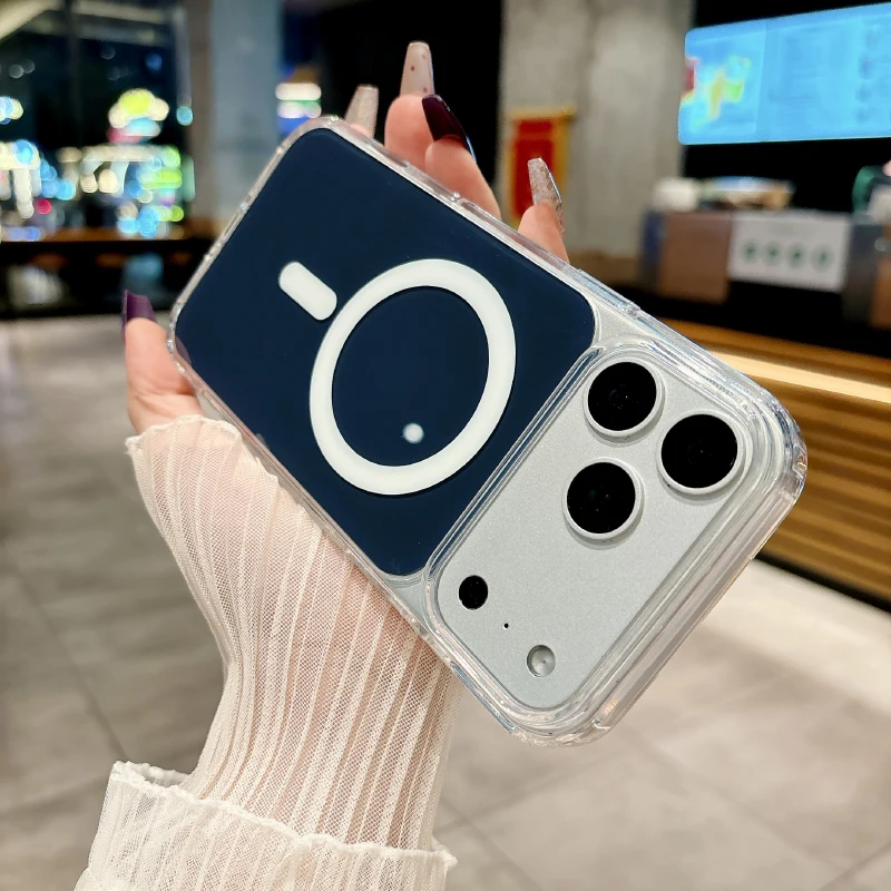 Magsafe магнитная беспроводная зарядка с прозрачной рамкой + однотонная акриловая задняя панель чехол для телефона для iPhone 17 Pro Max задняя крышка