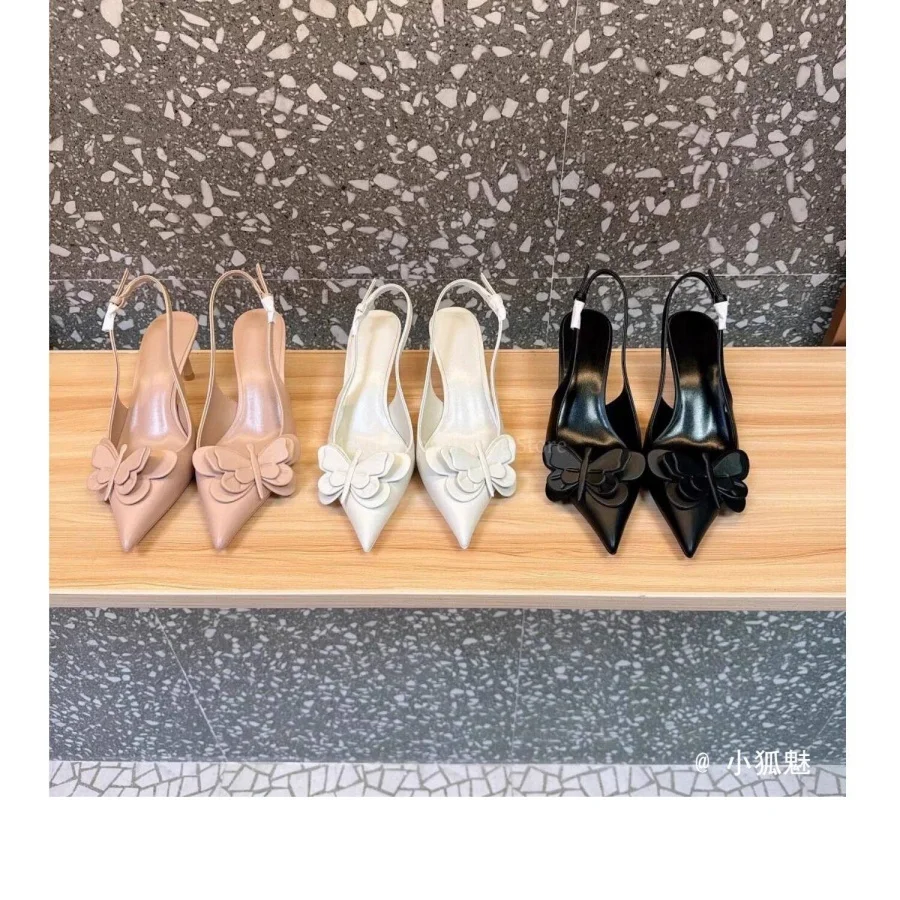 Pointed Toe Butterfly Slingback High Heels Sandals White Black Nude Pink Color Elegant Party Women Wedding Shoes 2026 New