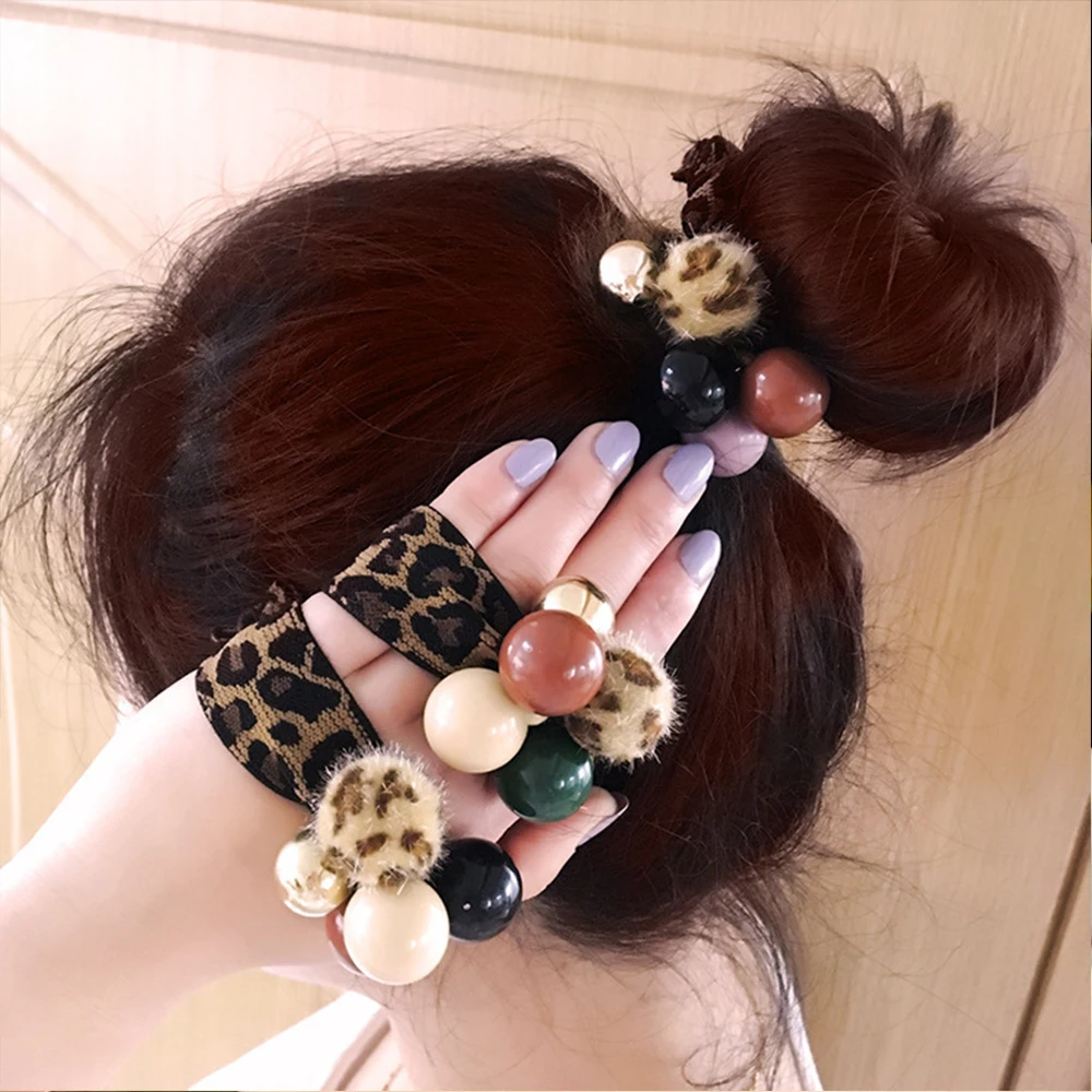 Vintage Leopard Print Hair Ties Fashoin Elastic Rubber Band Imitation Pearl Pompom Hairband Ponytail Scrunchies Hair Accessories