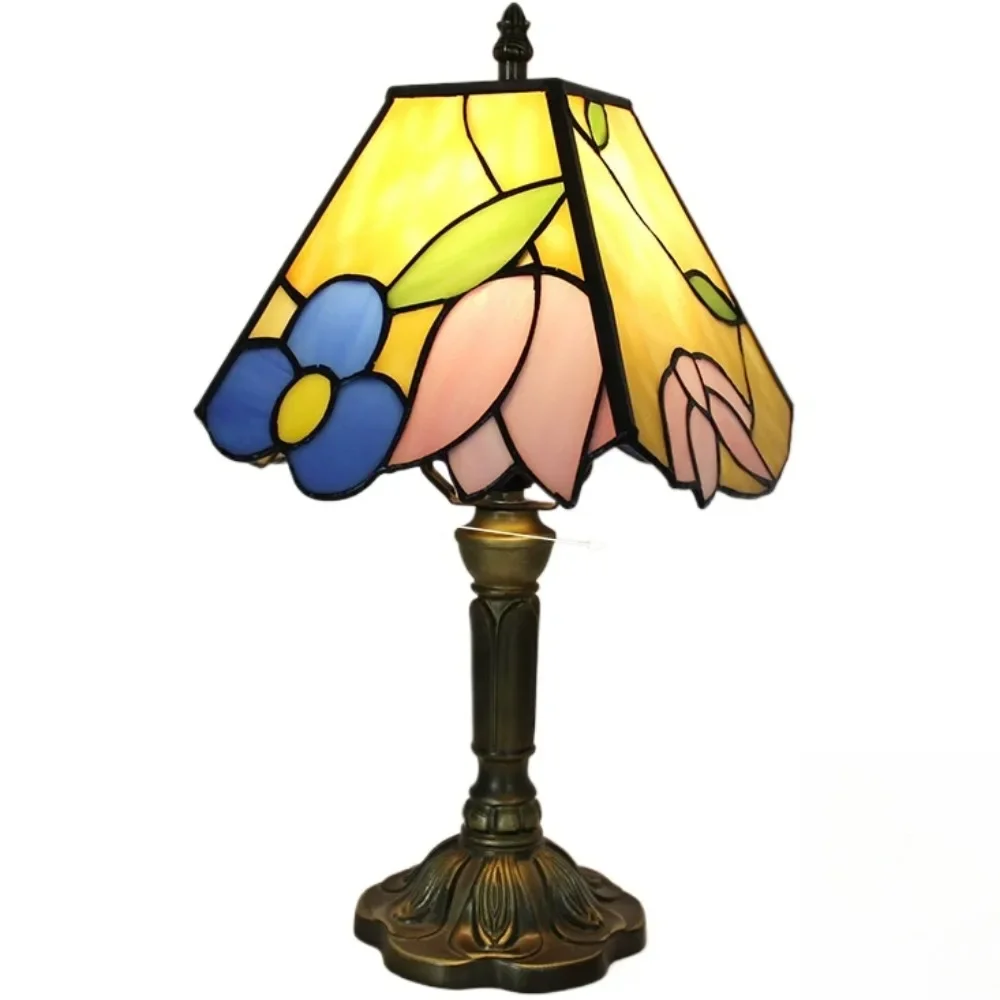 8inch Desk Lamp Tiffany Square Rose Stained Glass Table Lamp for Modern Home Office or Bedroom for Reading Small Space Decor