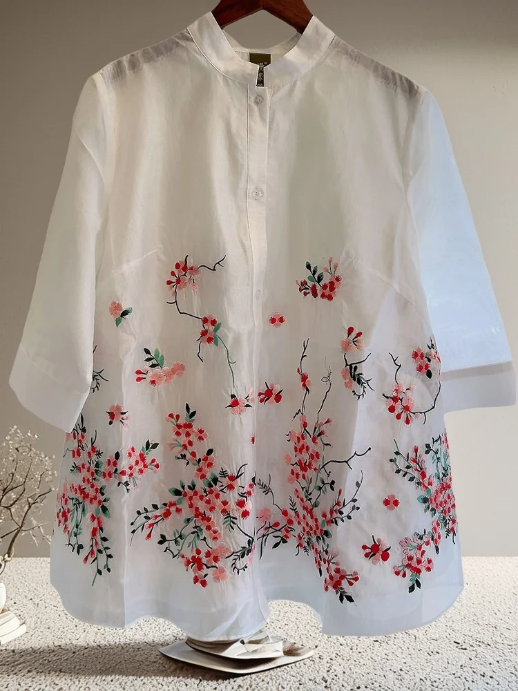 Hohe Qualität Chinesischen Stil Stehkragen Top Für Frauen Halbarm Sommer Exquisite Stickerei Mittlere Länge Hemd M-XXL