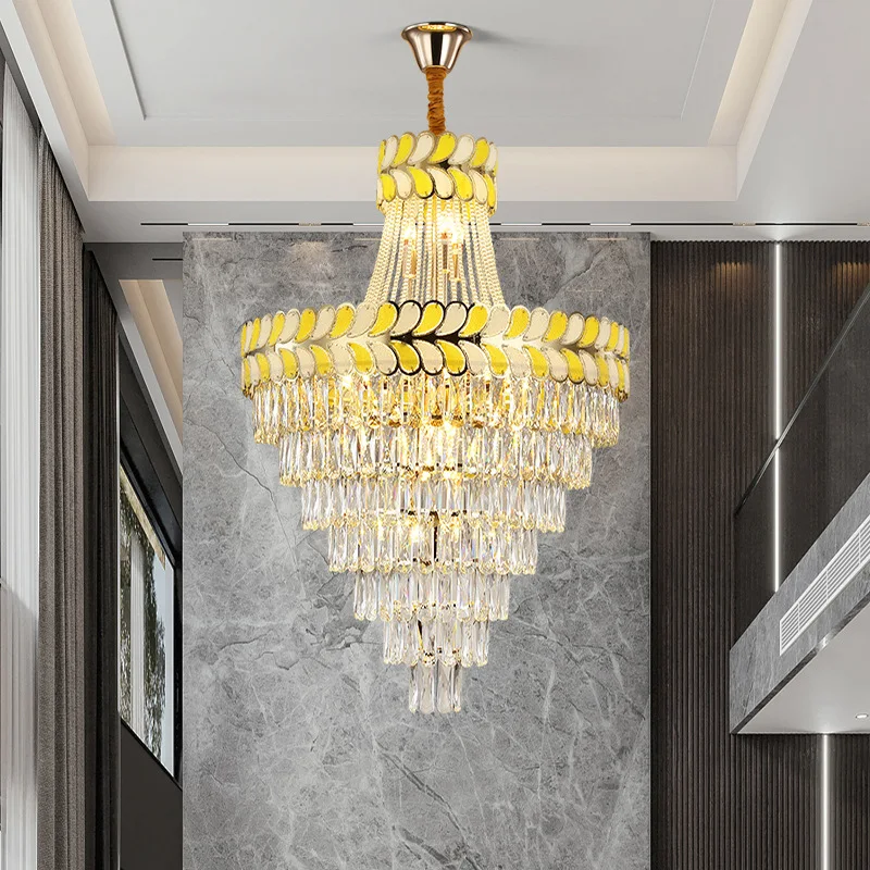 Postmodern Crystal  Living Room Villa Hall Duplex Stairwell Long Chandelier Light Luxury Building Middle Building  Chandelier