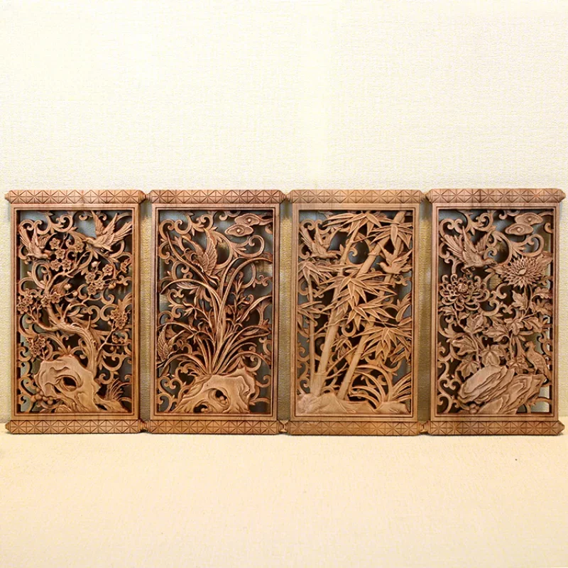 1 Pc Chinese Woodcarving Decorative Painting Meilan Chrysanthemum Bamboo Wood Carving Crafts Home Furnishing Decorations