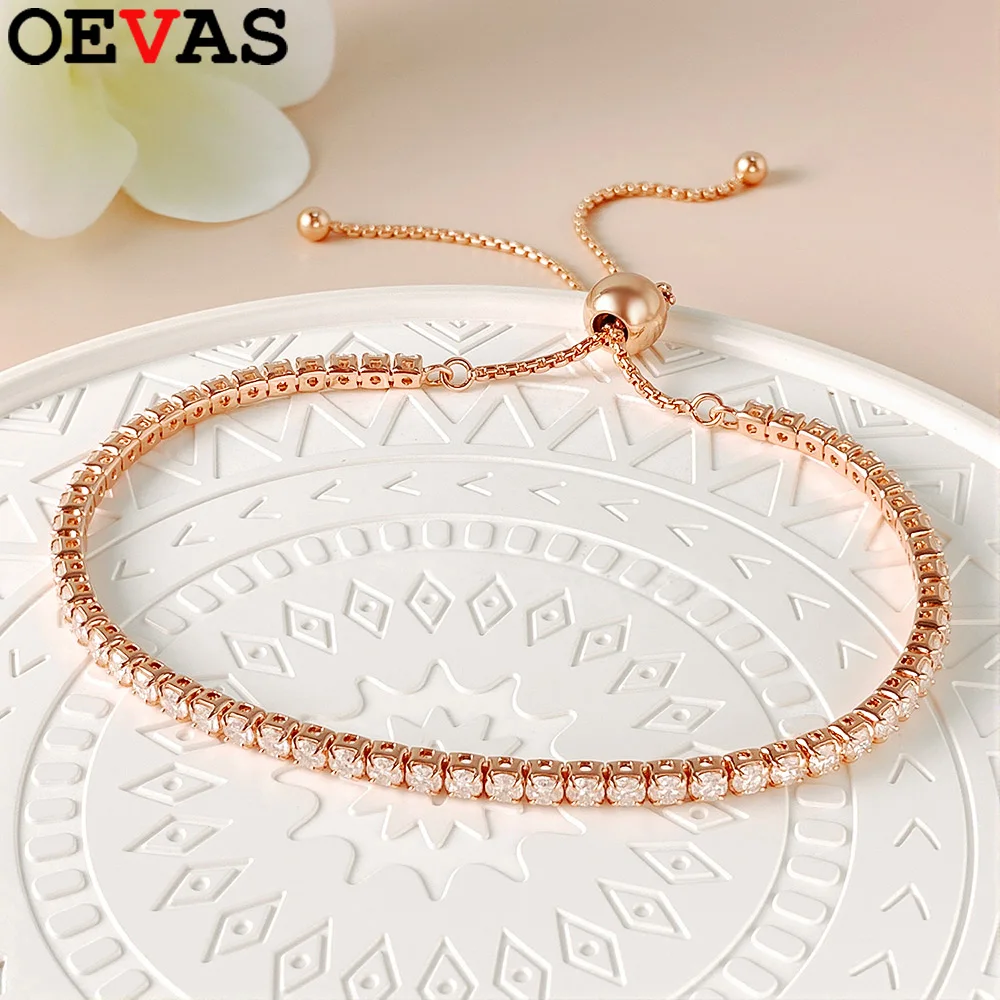 OEVAS GRA Certified each 2mm Round Moissanite Bracelet for Women S925 Silver Plated 18K Gold Wrist Chain Wedding Fine Jewelry