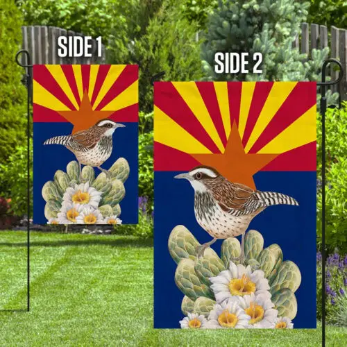 Arizona Flag Cactus Wren and Saguaro Cactus Blossom Garden Flag - House Flag