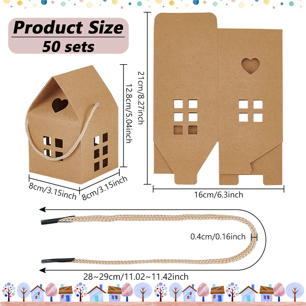 50 Pack House Gift Boxes with Rope Handle 3x3x5 Inch Brown Paper Folding Gift Box for Wedding Party Favors Christmas Treat