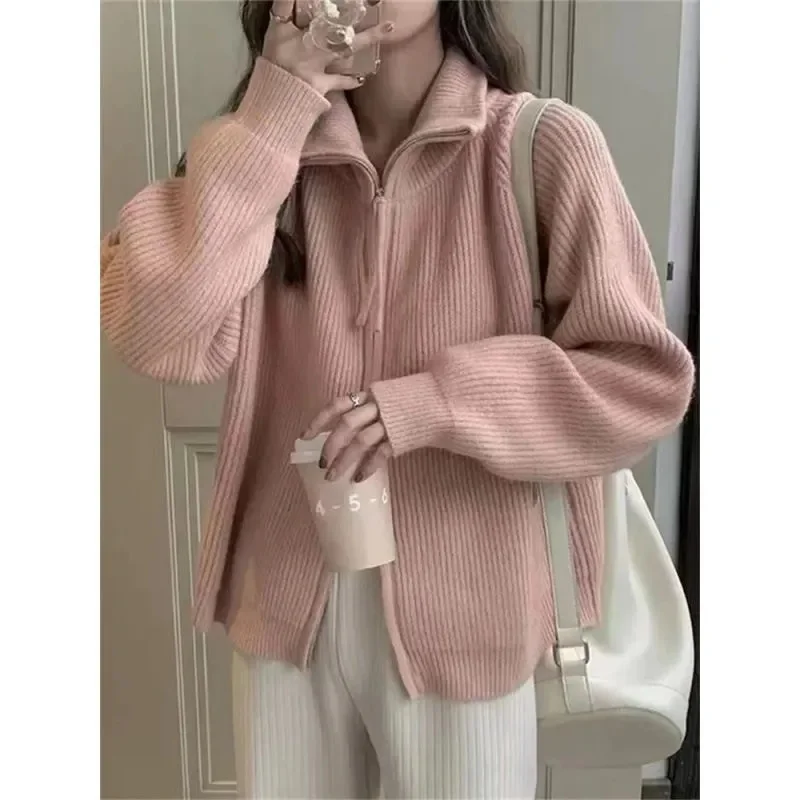 Zip-up Sweater Women Autumn and Winter 2024 New Knit cardigan Outerwear Loose All-Match Thickened Inner wear Lapel Top