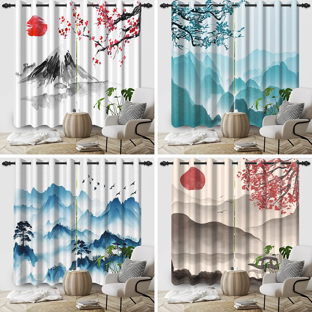 

2Pcs Japanese Ink Blackout Curtains With Black Lining Insulated Double Window Blackout Grommets Curtains For Bedroom Living Room