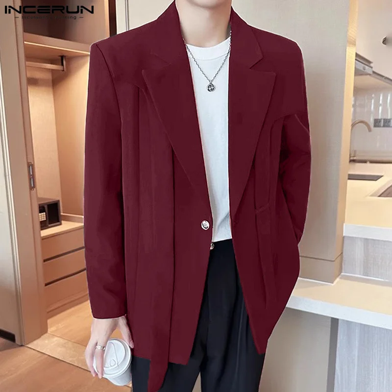 INCERUN Tops 2025 Korean Style Fashion Men Piece Design Suit Coat Casual Streetwear Male Solid Simple Long Sleeved Blazers S-5XL