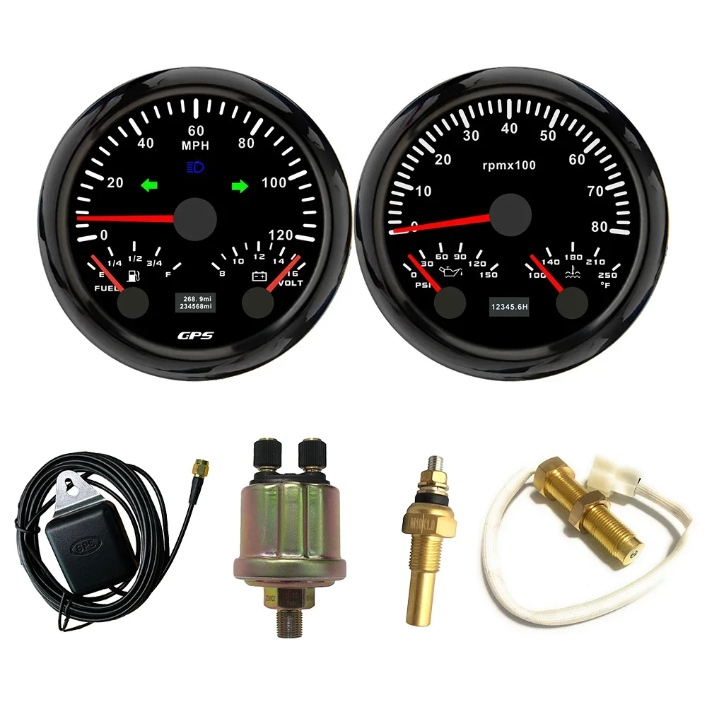 ELING 2 Gaue Set Car 85mm 120mph 200MPH GPS Speedometer+8000RPM Tachometer with Oil Pressure Water Temp Fuel Level Voltmeter 12V