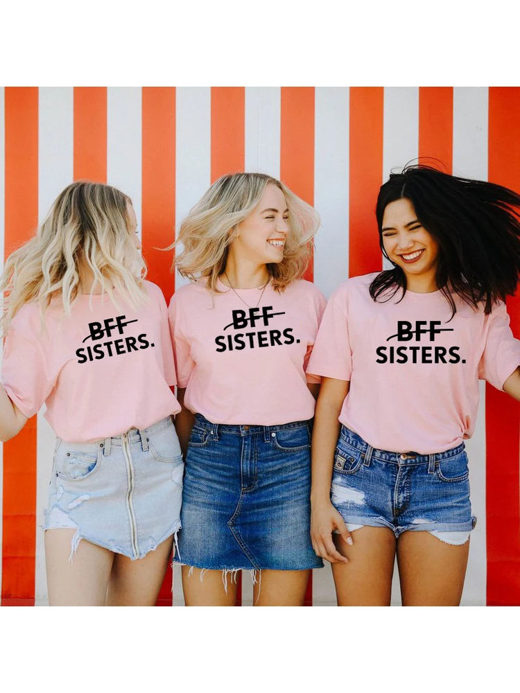 1pcs BFF SISTERS Letters Printing Casual Tee Solid Color Best Friends Matching T-Shirt Girls Fashion Tumblr Best Sister Tee