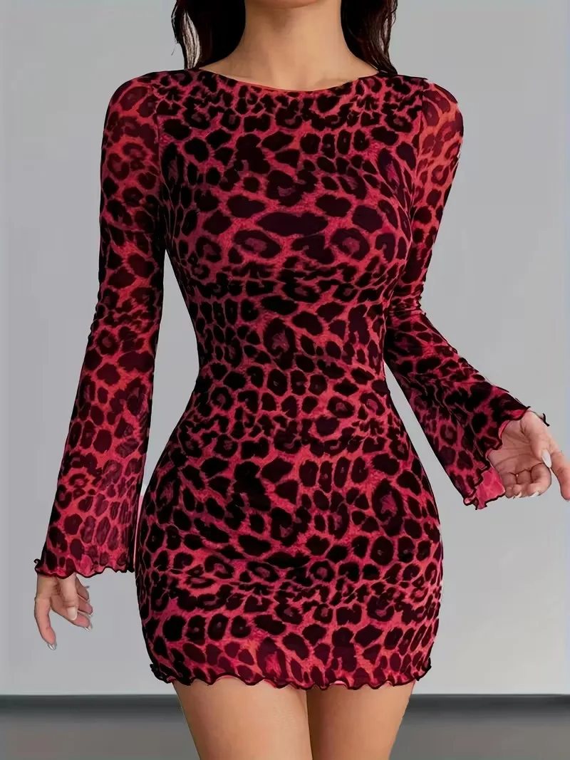 Damen-Minikleid, Rundhalsausschnitt, Leopardenmuster, lange ausgestellte Ärmel, figurbetontes Kleid für Damen, Kleid für den Abend, Club- oder Partykleid. – Detail 23