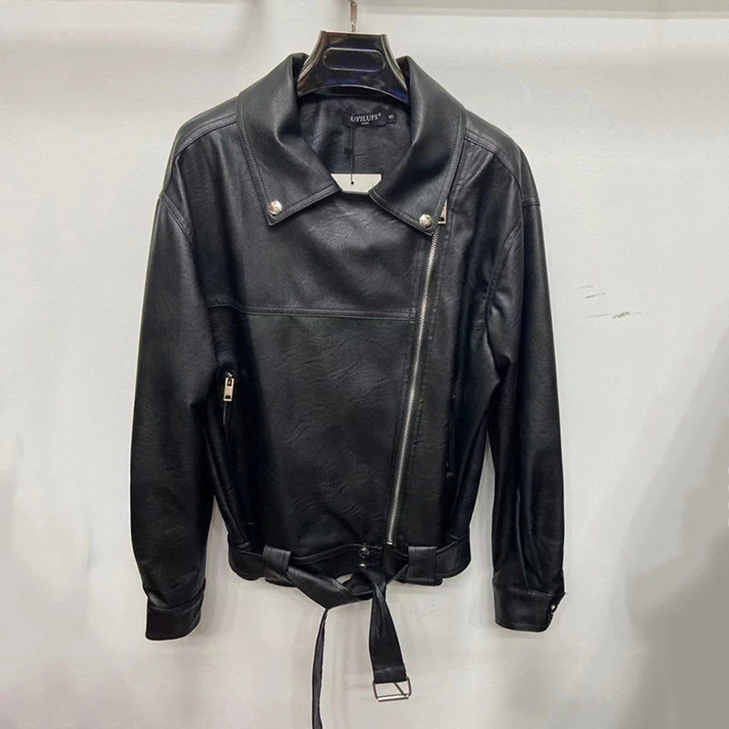 Korean Vintage Casual Short PU Leather Jacket Female Autumn New With Belt Lapel Long Sleeve Black Imitation Leather Biker Jacket