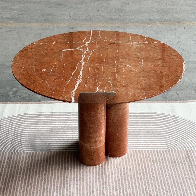 Natural marble coral red dining table, round countertop furniture coffee table, simple casual tea table