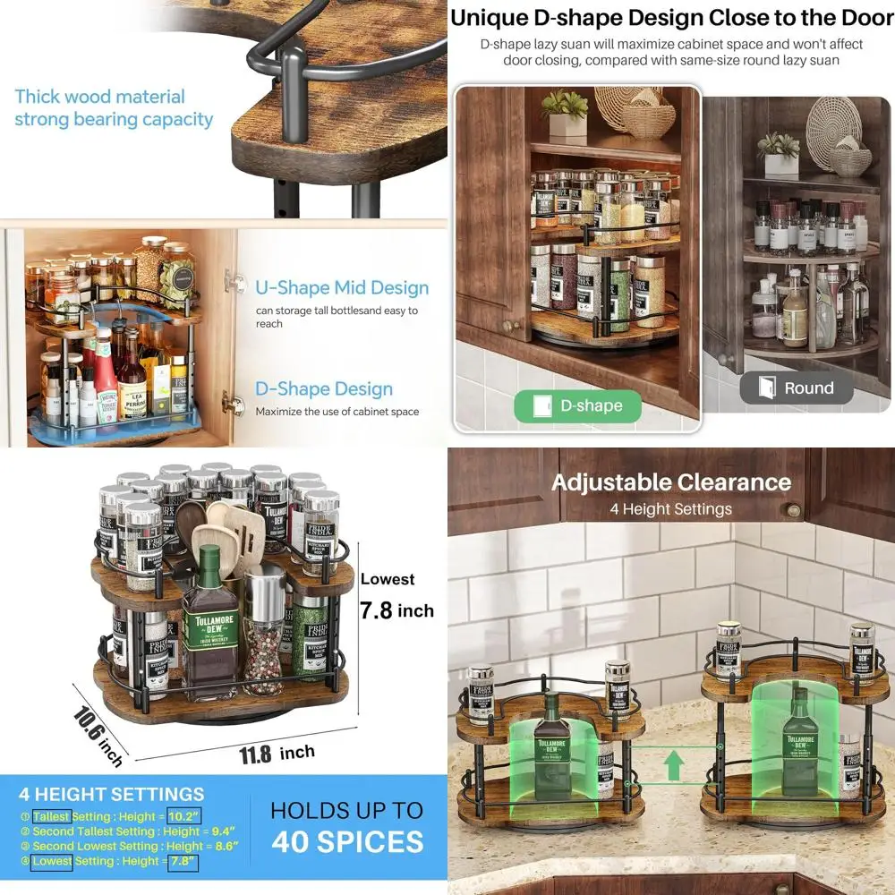 

Регулируемая 12-дюймовая вращающаяся деревянная полка для специй для кухонных шкафов - органайзер для кладовой, настраиваемый по высоте