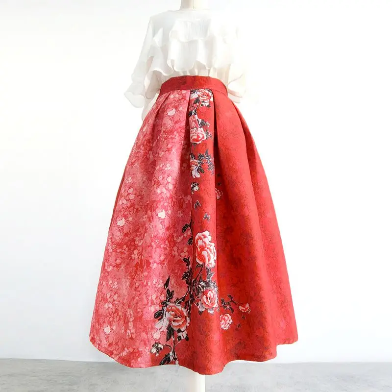 Flower loose half skirt high waist party holiday beach extra long dress  plaid skirt  LOOSE FIT  Regulai Fit  skirt