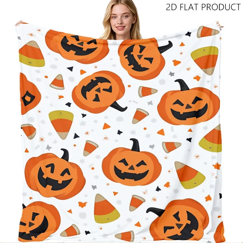 Halloween Festive Pattern Throw Blanket, Jack-o'-Lantern Pumpkin & Candy Corn Print with Star Accents, Soft Cozy Nap Blanket with Multiple Specifications Available, Ideal for Lounge Rest & Casual Home Daily Use