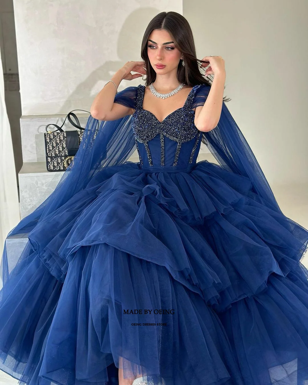 OEING-Royal Blue A-Line Prom Dresses, elegante vestido de tule com xale, vestido para ocasiões especiais