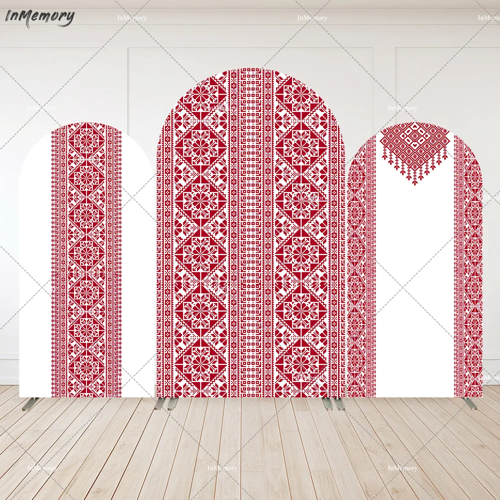 Toile de fond d'arc de henné palestinien brodé rouge, mur pour décor de fête d'anniversaire, douche de patients, fête de mariage, fond de couverture arqué