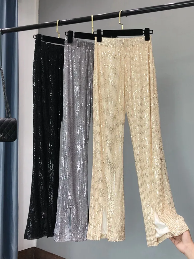2026 New Spring Summer Shiny Sequins Flare Pants Women Mopping Floor Elastic High Waist All-match Female Casual Long Trousers